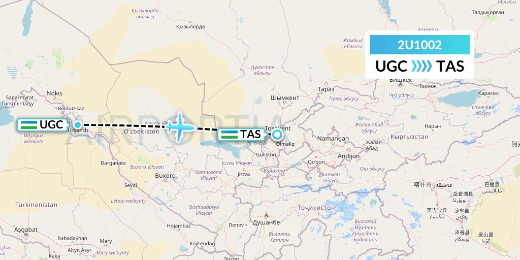 2U1002 Sun d'Or International Airlines Flight Map: Urgench to Tashkent