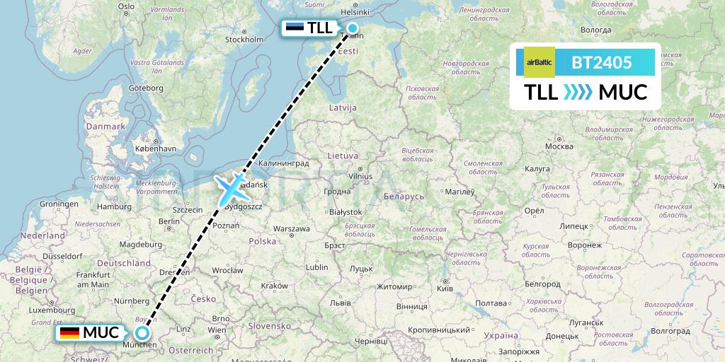 BT2405 Air Baltic Flight Map: Tallinn to Munich