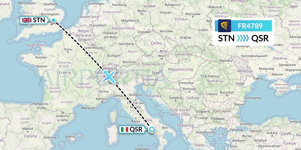 FR4789 Ryanair Flight Map: London to Salerno