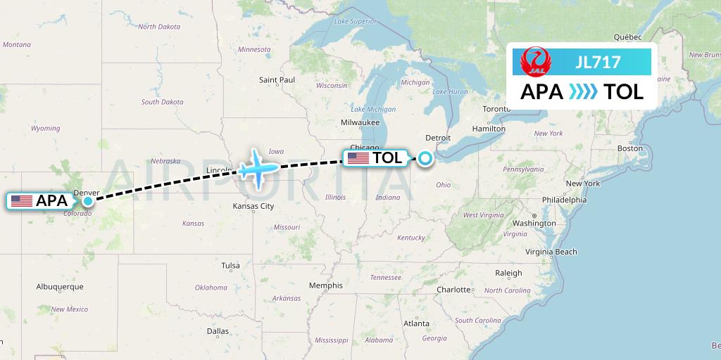 JL717 Japan Airlines Flight Map: Denver to Toledo