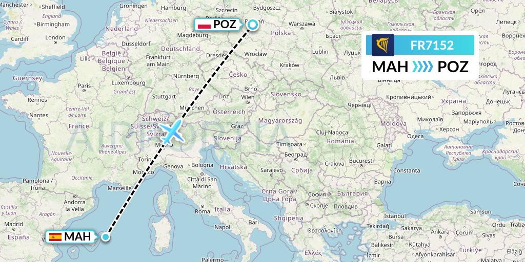 FR7152 Ryanair Flight Map: Mahon to Poznan