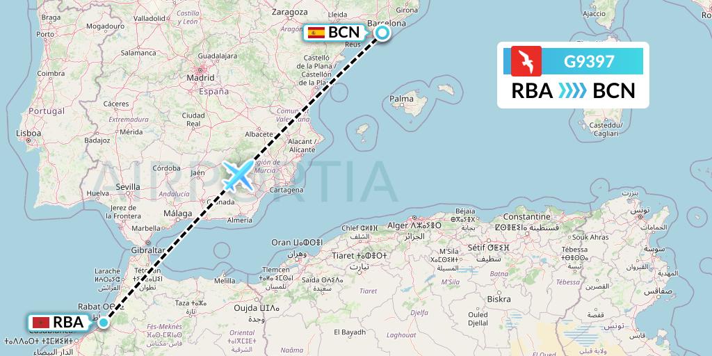G9397 Air Arabia Flight Map: Rabat to Barcelona