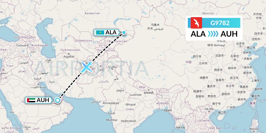 G9782 Air Arabia Flight Map: Almaty to Abu Dhabi