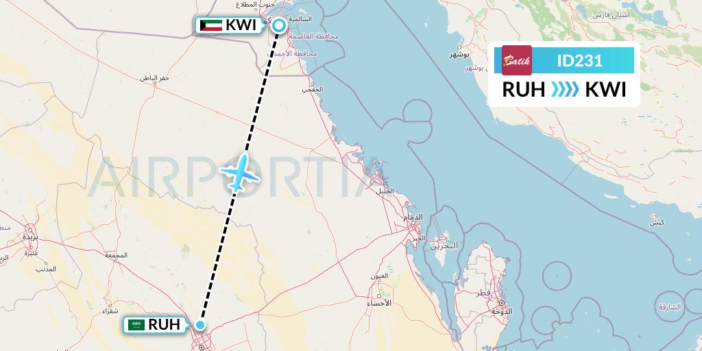 ID231 Batik Air Flight Map: Riyadh to Kuwait City