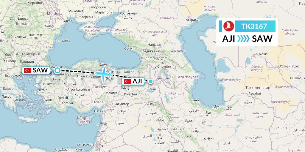 TK3167 Turkish Airlines Flight Map: Agri to Istanbul