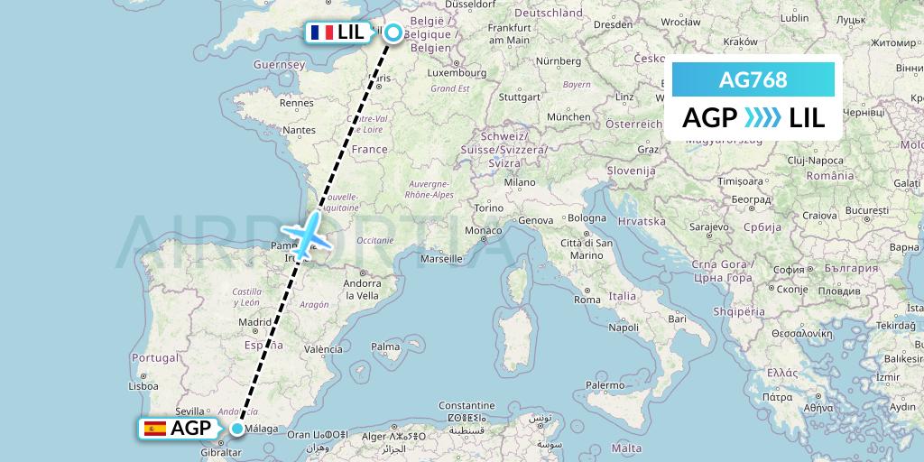 AG768 Aruba Airlines Flight Map: Malaga to Lille