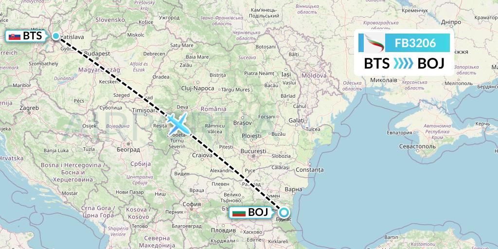 FB3206 Bulgaria Air Flight Map: Bratislava to Burgas