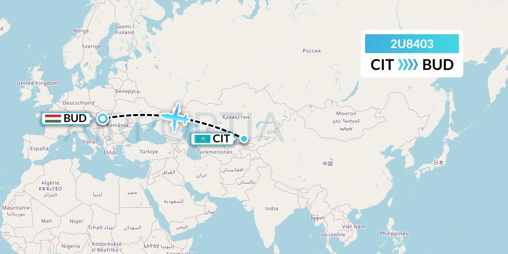 2U8403 Sun d'Or International Airlines Flight Map: Shymkent to Budapest