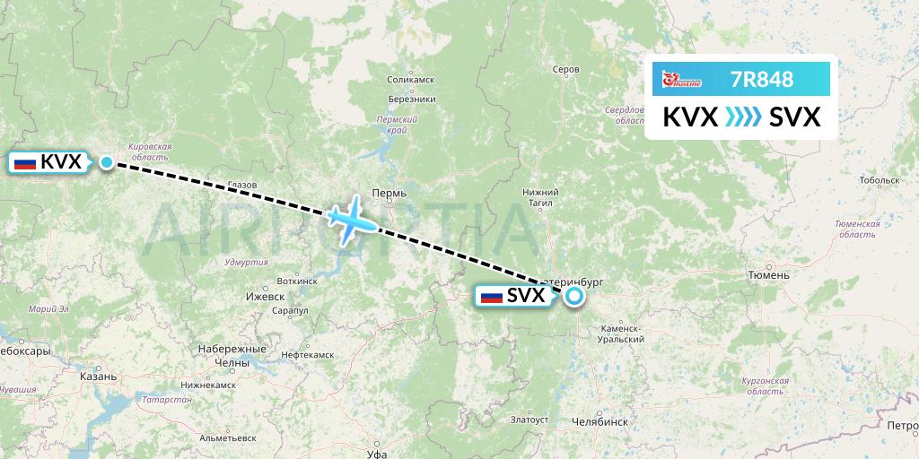7R848 Rusline Flight Map: Kirov to Yekaterinburg
