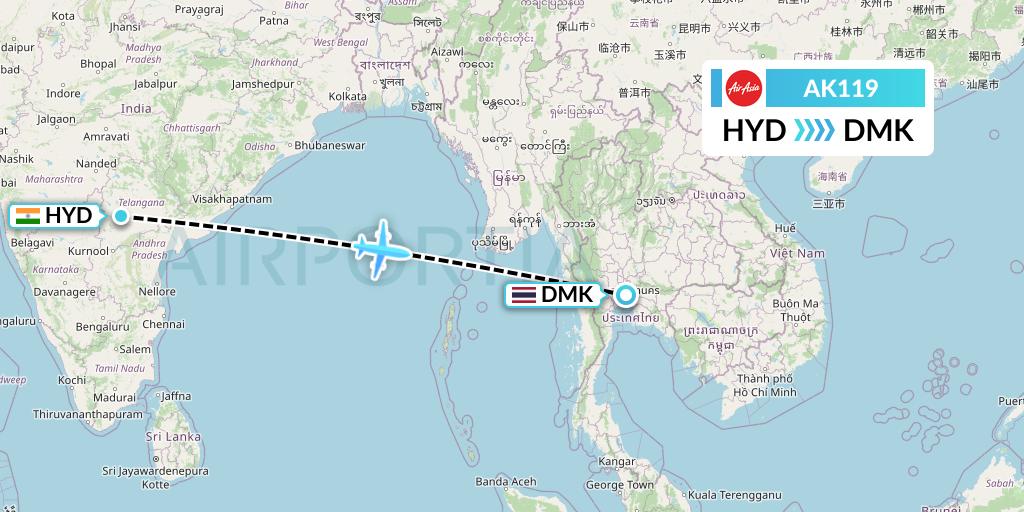 AK119 AirAsia Flight Map: Hyderabad to Bangkok