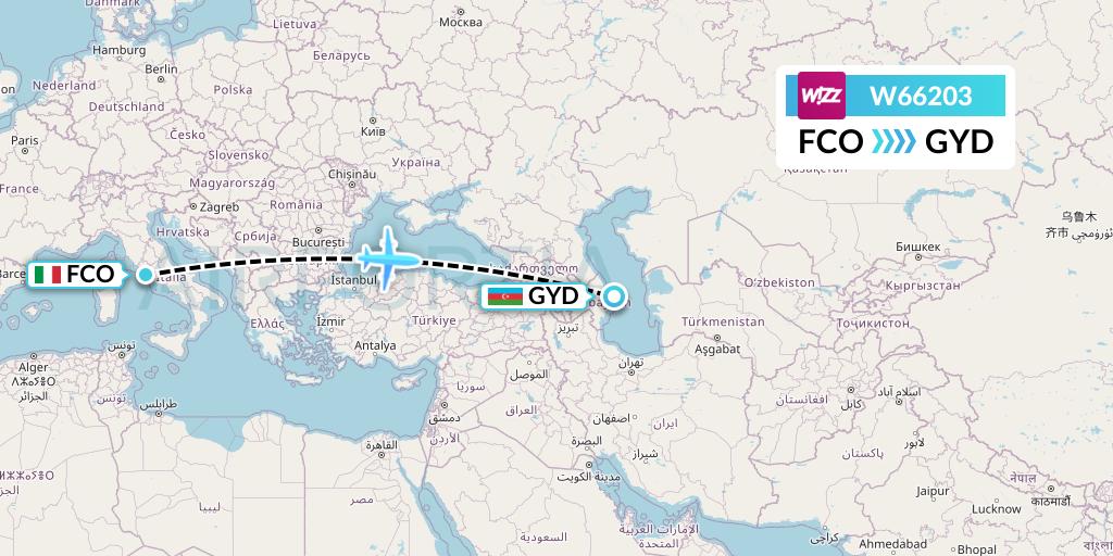 W66203 Wizz Air Flight Map: Rome to Baku