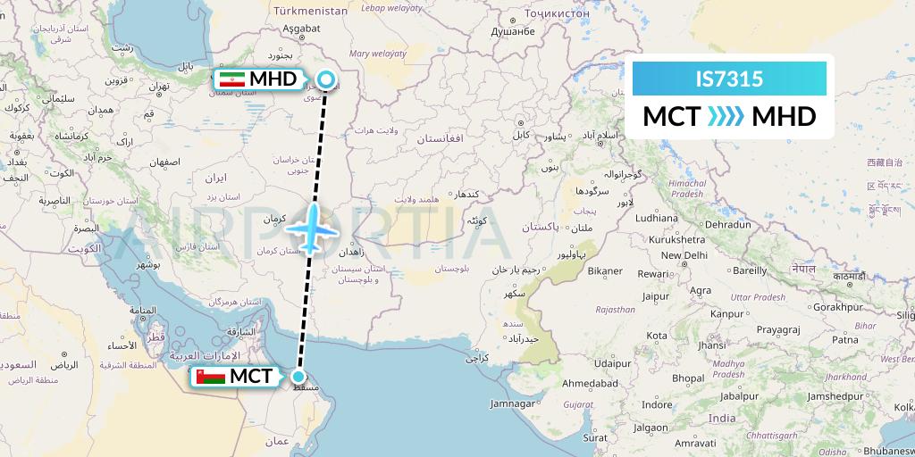 IS7315 Sepehran Airlines Flight Map: Muscat to Mashhad