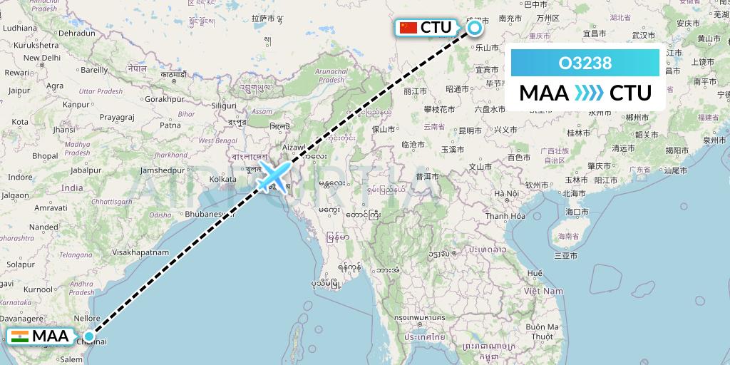 O3238 SF Airlines Flight Map: Chennai to Chengdu