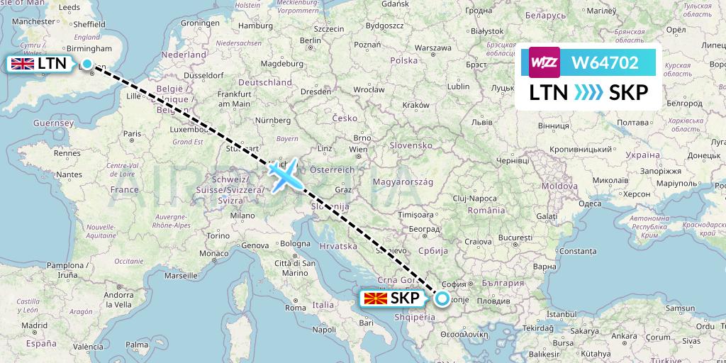 W64702 Wizz Air Flight Map: London to Skopje