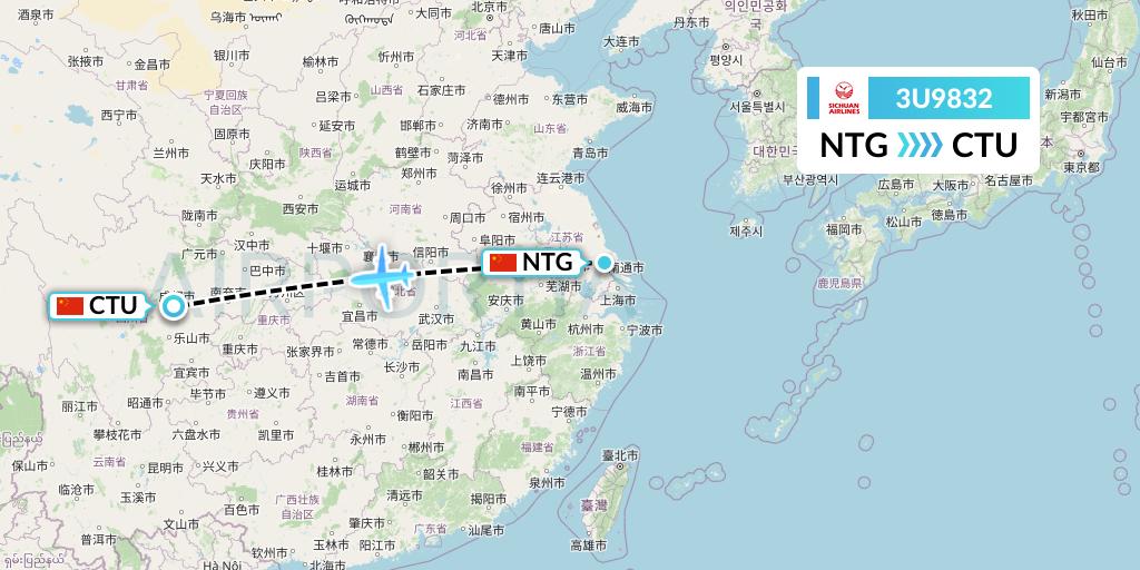 3U9832 Sichuan Airlines Flight Map: Nantong to Chengdu