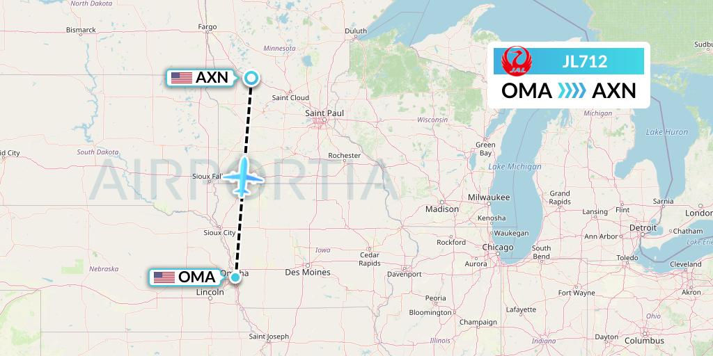 JL712 Japan Airlines Flight Map: Omaha to Alexandria