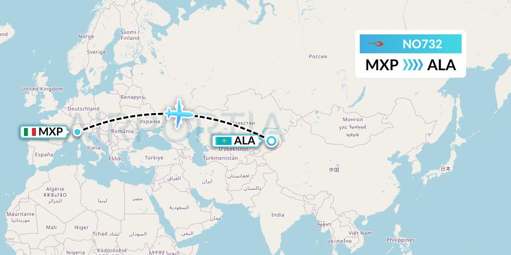 NO732 Neos Flight Map: Milan to Almaty