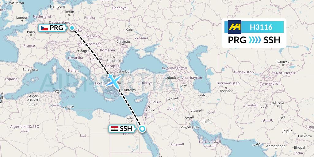 H3116 Harbour Air Flight Map: Prague to Sharm el-Sheikh