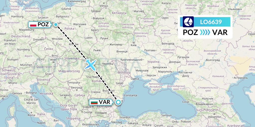 LO6639 LOT Flight Map: Poznan to Varna
