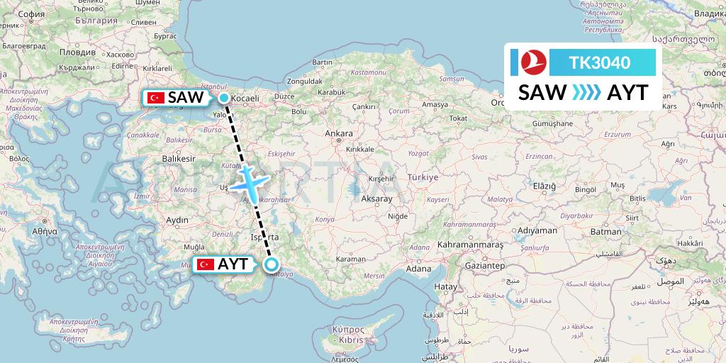 TK3040 Turkish Airlines Flight Map: Istanbul to Antalya