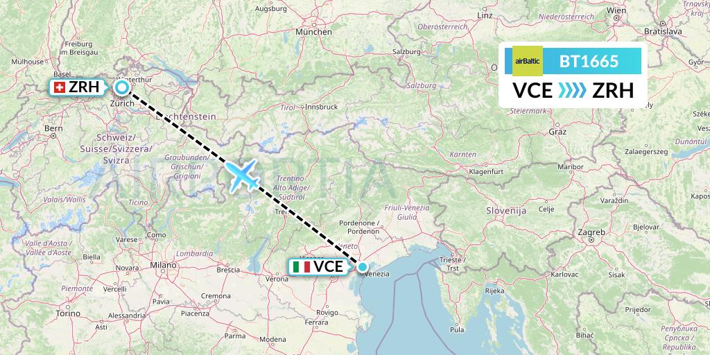 BT1665 Air Baltic Flight Map: Venice to Zurich
