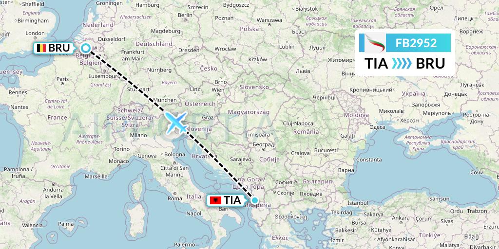 FB2952 Bulgaria Air Flight Map: Tirana to Brussels
