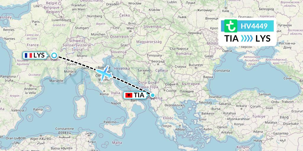 HV4449 Transavia Flight Map: Tirana to Lyon