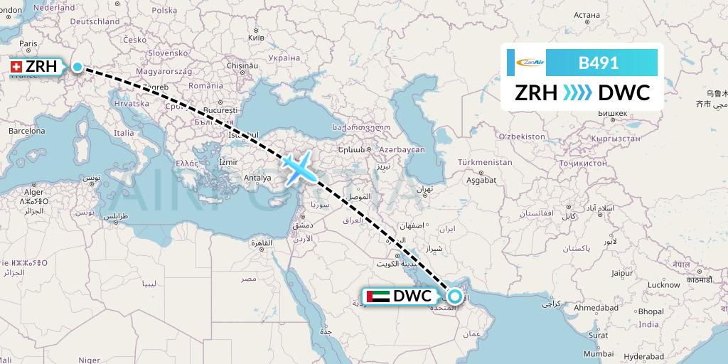B491 Zanair Flight Map: Zurich to Dubai