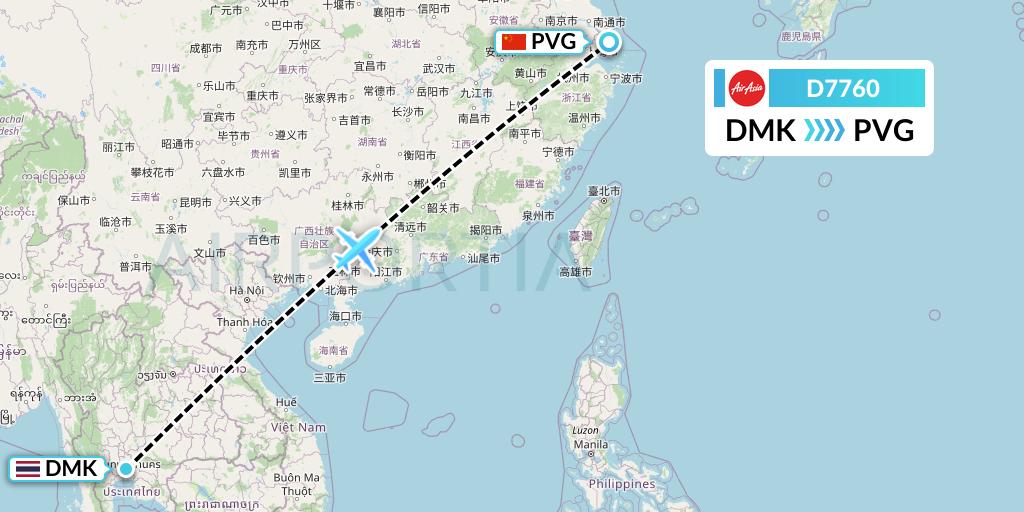 D7760 AirAsia X Flight Map: Bangkok to Shanghai