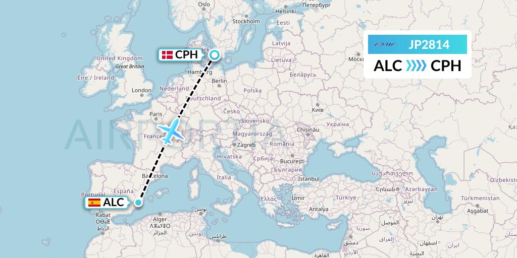 JP2814 Adria Airways Flight Map: Alicante to Copenhagen