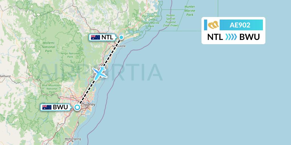 AE902 Mandarin Airlines Flight Map: Newcastle to Bankstown
