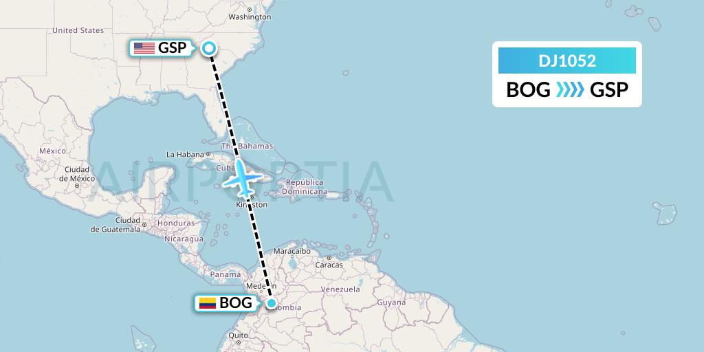 DJ1052 Air Djibouti Flight Map: Bogota to Greenville-Spartanburg