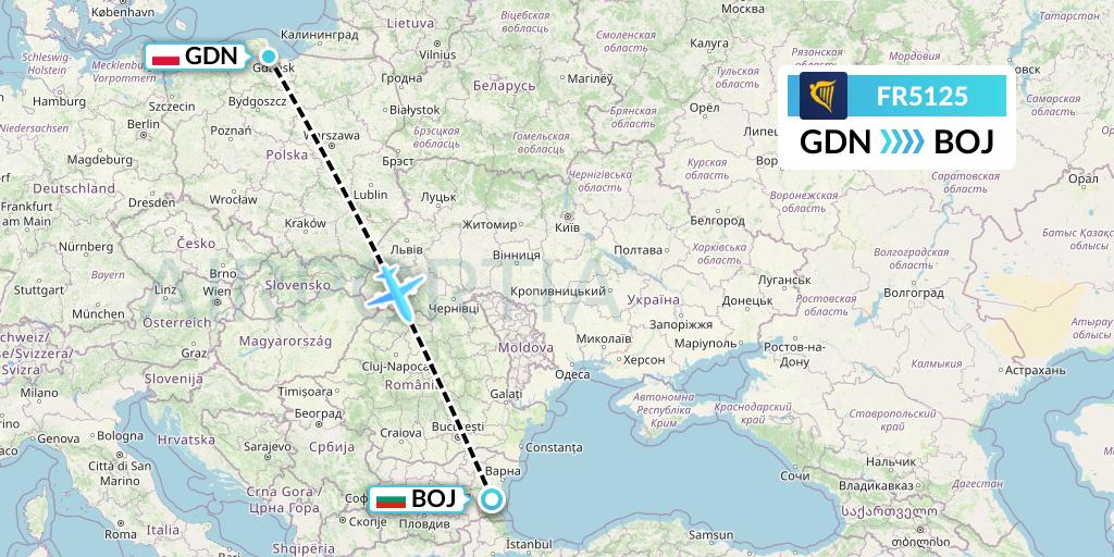 FR5125 Ryanair Flight Map: Gdansk to Burgas