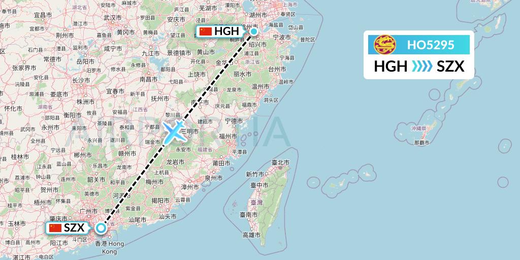 HO5295 Juneyao Airlines Flight Map: Hangzhou to Shenzhen