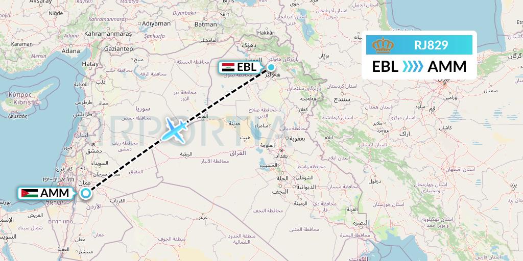 RJ829 Royal Jordanian Flight Map: Arbil to Amman
