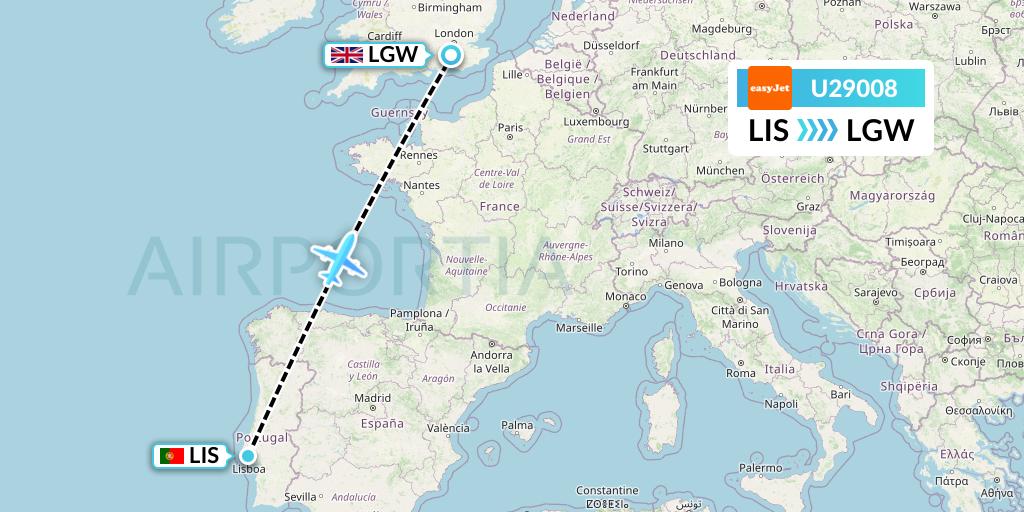 U29008 EasyJet Flight Map: Lisbon to London