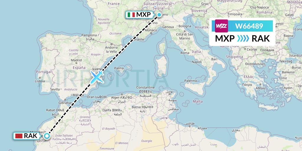 W66489 Wizz Air Flight Map: Milan to Marrakesh 