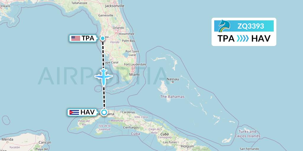 ZQ3393 Azman Air Flight Map: Tampa to Havana