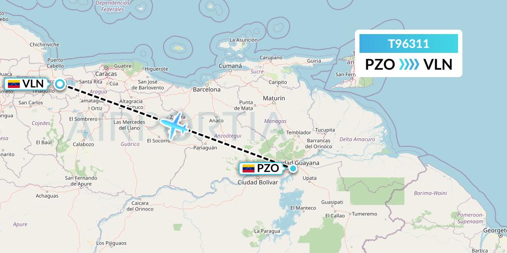 T96311 Turpial Airlines Flight Map: Puerto Ordaz to Valencia