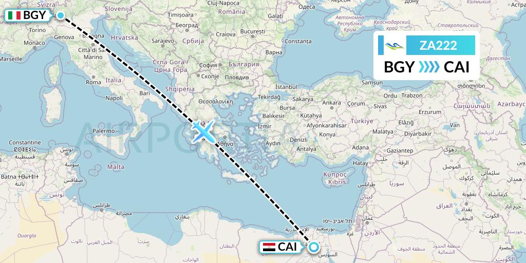 ZA222 Sky Angkor Airlines Flight Map: Milan to Cairo