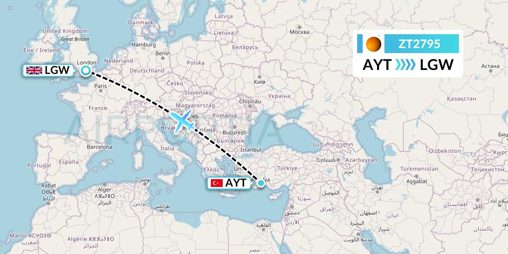 ZT2795 Titan Airways Flight Map: Antalya to London