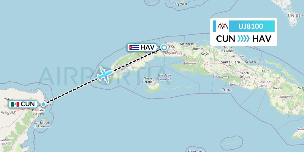 UJ8100 AlMasria Universal Airlines Flight Map: Cancun to Havana