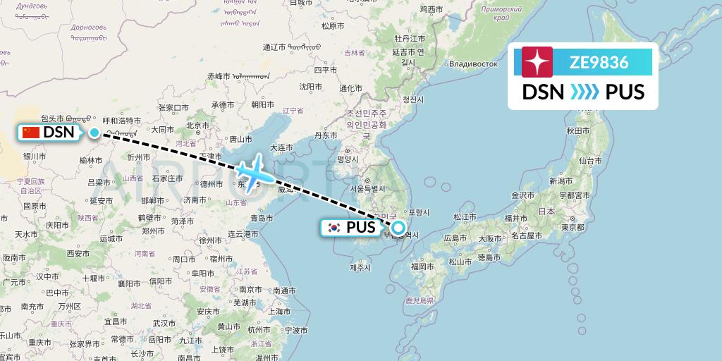 ZE9836 Eastar Jet Flight Map: Dongsheng to Busan