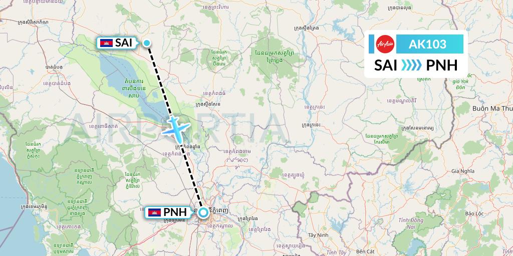AK103 AirAsia Flight Map: Siem Reap to Phnom Penh