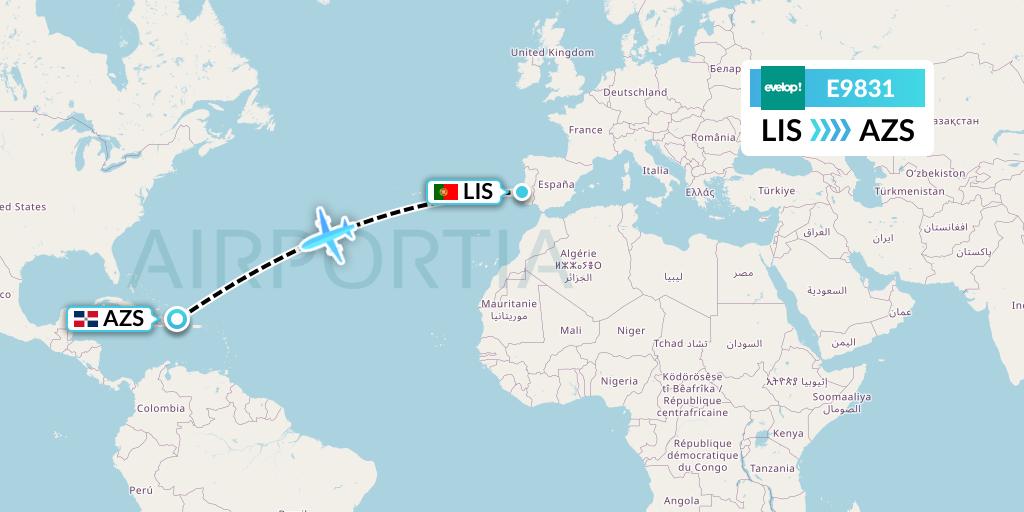 E9831 Evelop Airlines Flight Map: Lisbon to Samana