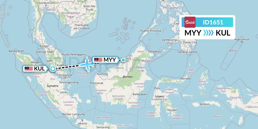 ID1651 Batik Air Flight Map: Miri to Kuala Lumpur