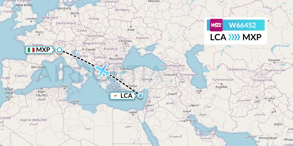 W66452 Wizz Air Flight Map: Larnaca to Milan