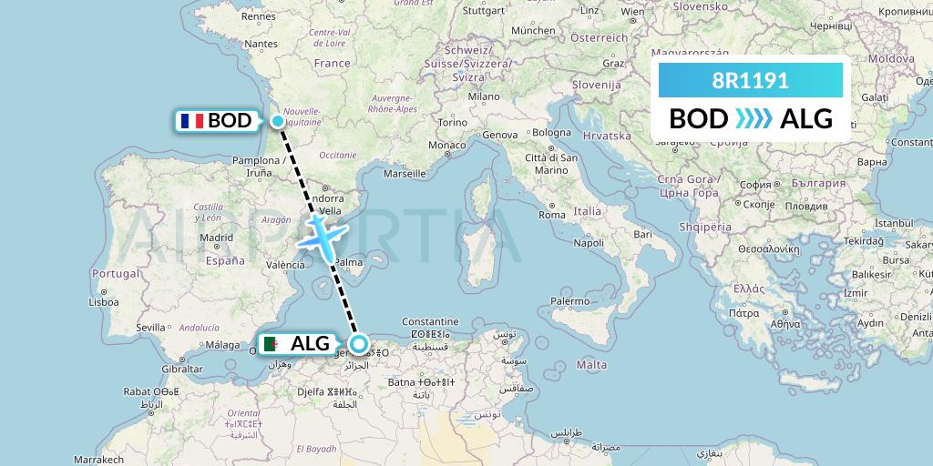 8R1191 Amelia Flight Map: Bordeaux to Algiers