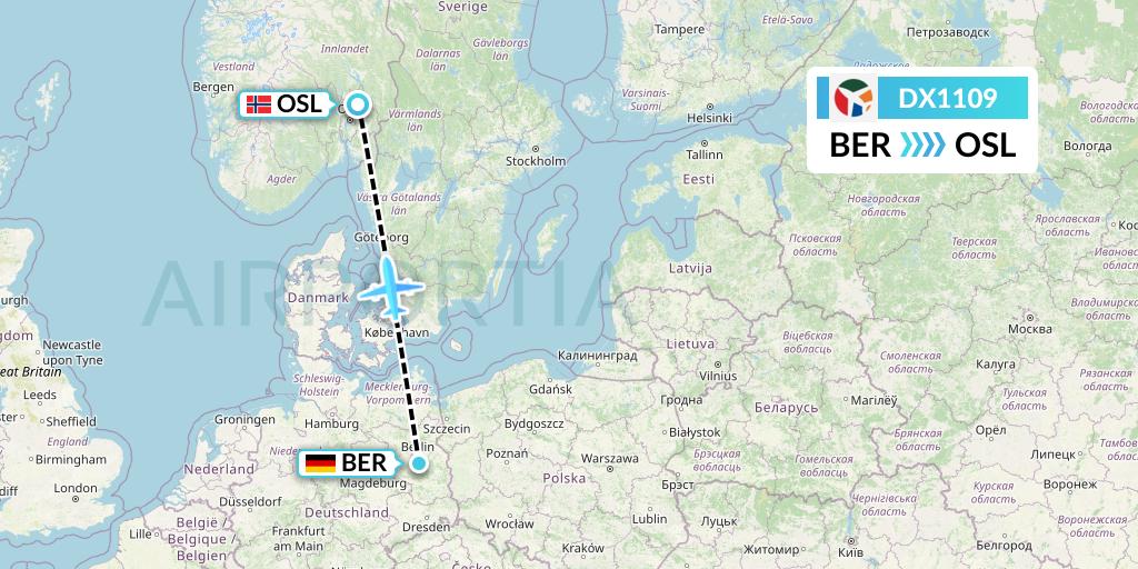 DX1109 Danish Air Transport Flight Map: Berlin to Oslo
