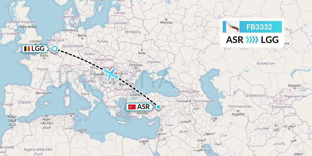 FB3332 Bulgaria Air Flight Map: Kayseri to Liege